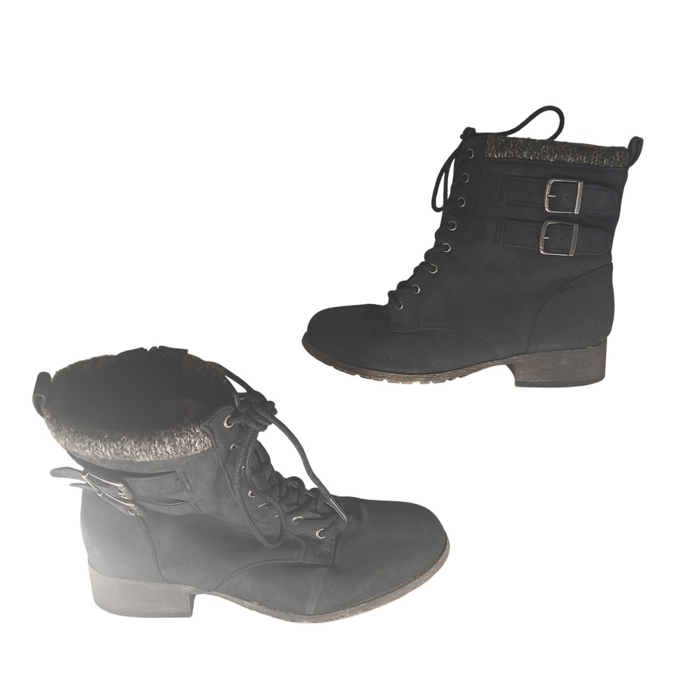 Pop Ricardo Combat Boots 9W Black Knit Trim Buckle Lace Up Side Zip Wide Width